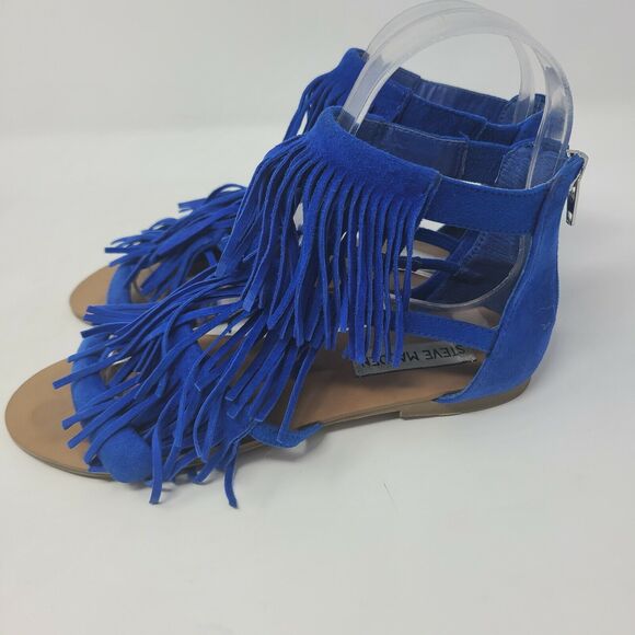 Steve Madden Favorit Women Open Toe Suede Gladiator Sandal 6.5 Fringe Boho Blue - Picture 3 of 6